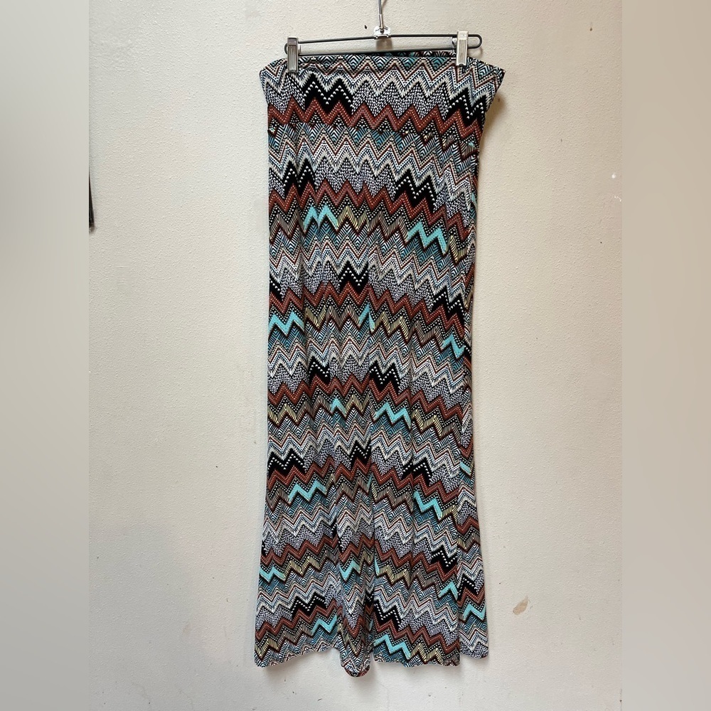 Women’s Brown Blue Bohemian Zig Zag Stretchy Comfy Fall Maxi Dress Medium - Picture 6 of 8